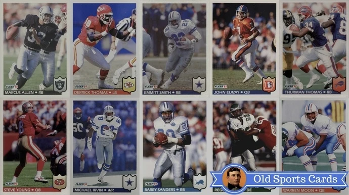 A collage of the most valuable cards from the 1992 Fleer Football sports card set.