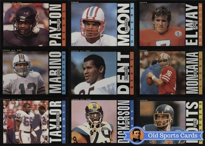 A collage of the most valuable cards from the 1985 Topps Football sports card set.
