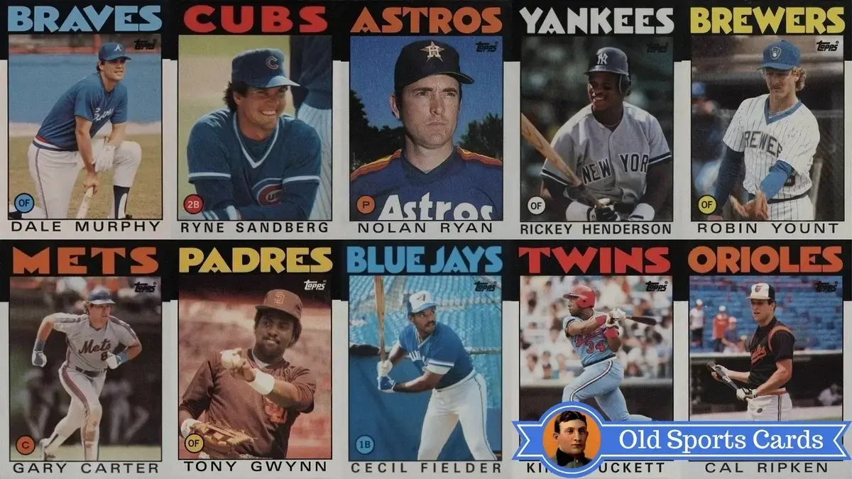 A collage of the most valuable cards from the 1986 Topps Baseball sports card set.