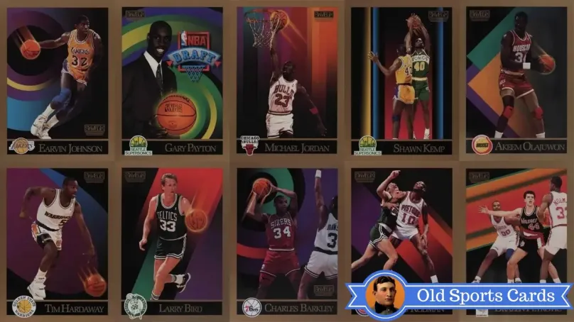 A collage of the most valuable cards from the 1990 SkyBox Basketball sports card set.
