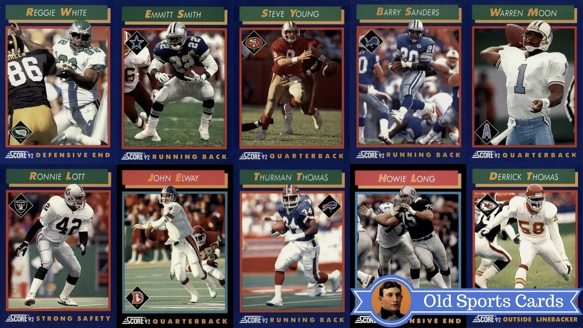 A collage of the most valuable cards from the 1992 Score Football sports card set.