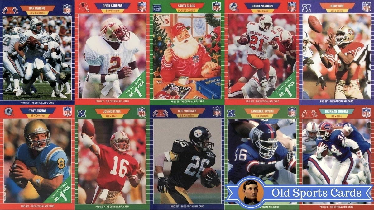 A collage of the most valuable cards from the 1989 Pro Set Football sports card set.