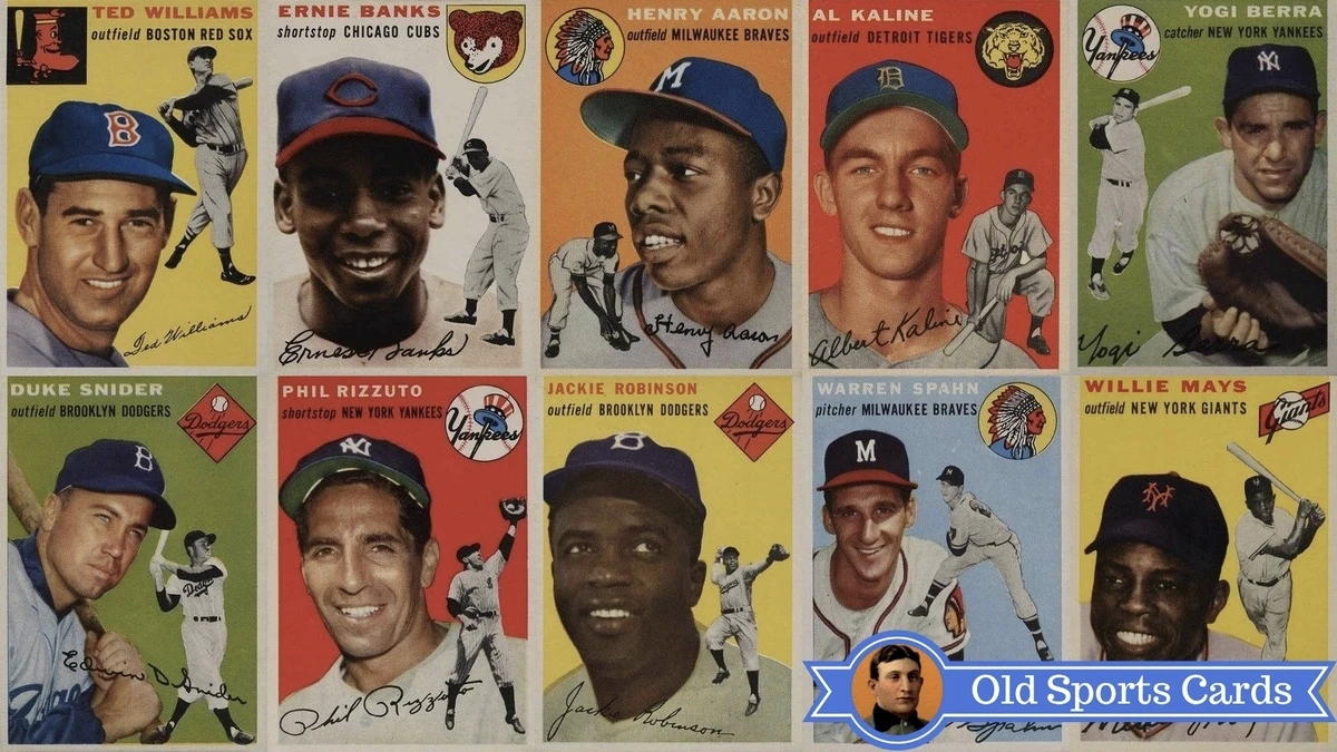 A collage of the most valuable cards from the 1954 Topps Baseball sports card set.