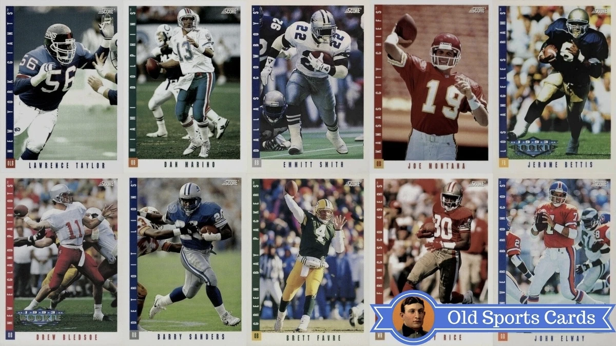 A collage of the most valuable cards from the 1993 Score Football sports card set.