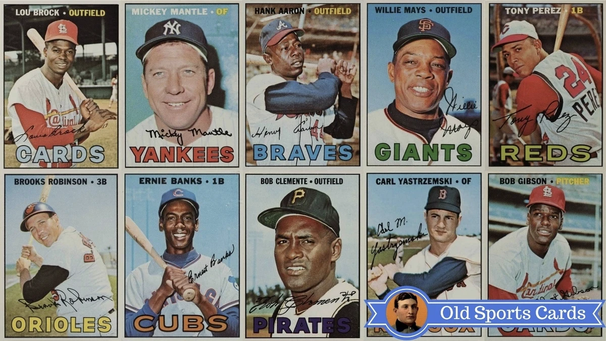 A collage of the most valuable cards from the 1967 Topps Baseball sports card set.