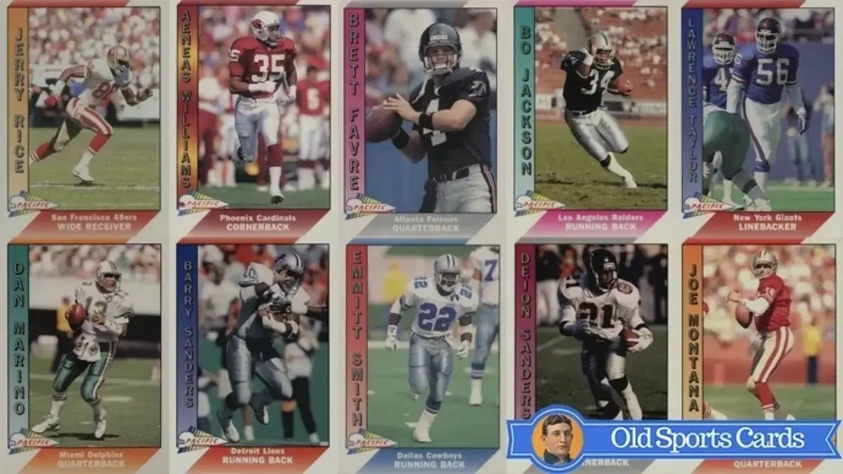 A collage of the most valuable cards from the 1991 Pacific Football sports card set.