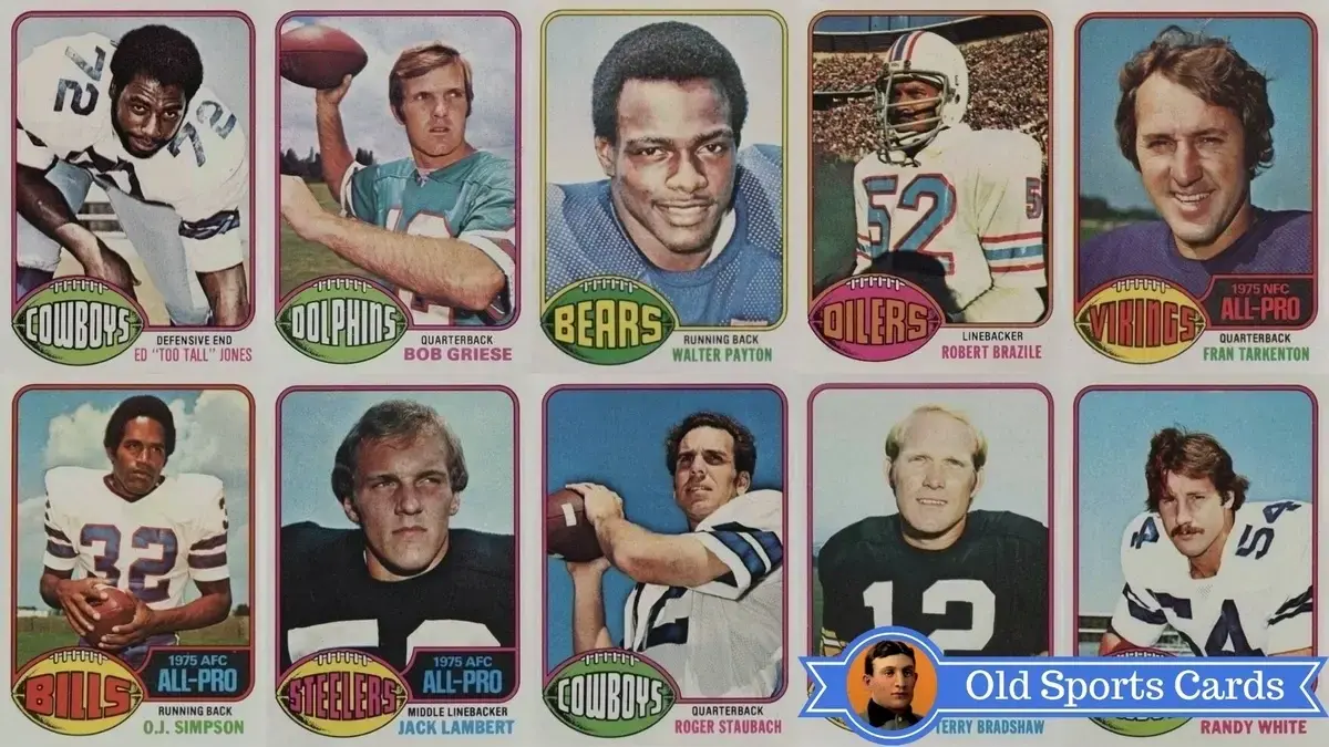 A collage of the most valuable cards from the 1976 Topps Football sports card set.