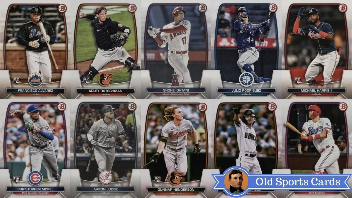 A collage of the most valuable cards from the 2023 Bowman Baseball sports card set.
