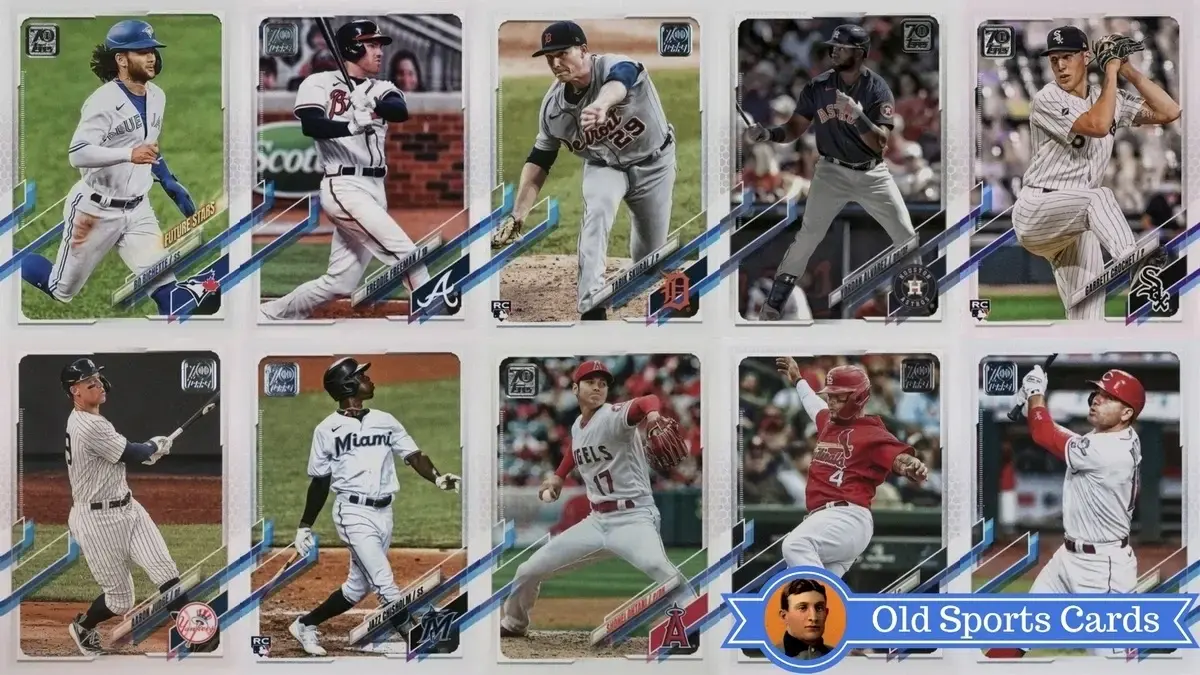 A collage of the most valuable cards from the 2021 Topps Baseball sports card set.
