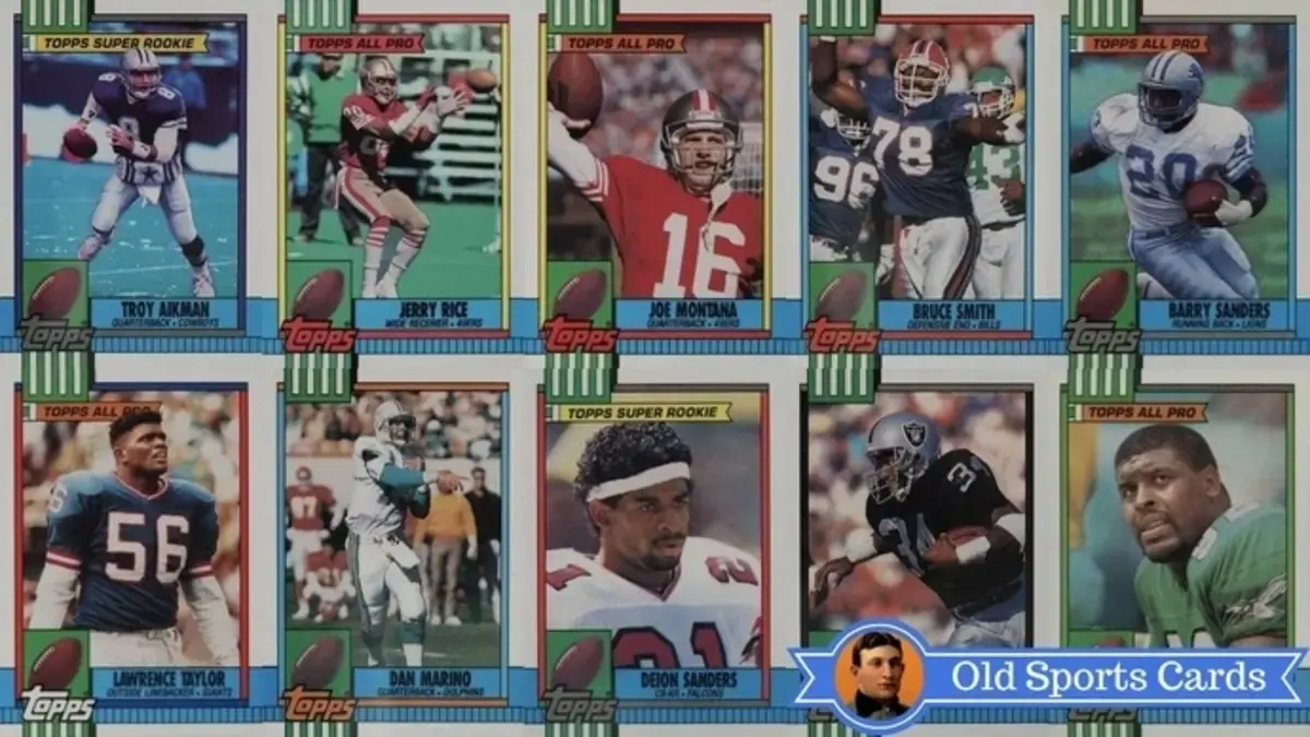 A collage of the most valuable cards from the 1990 Topps Football sports card set.