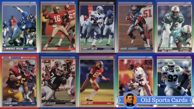 A collage of the most valuable cards from the 1990 Score Football sports card set.