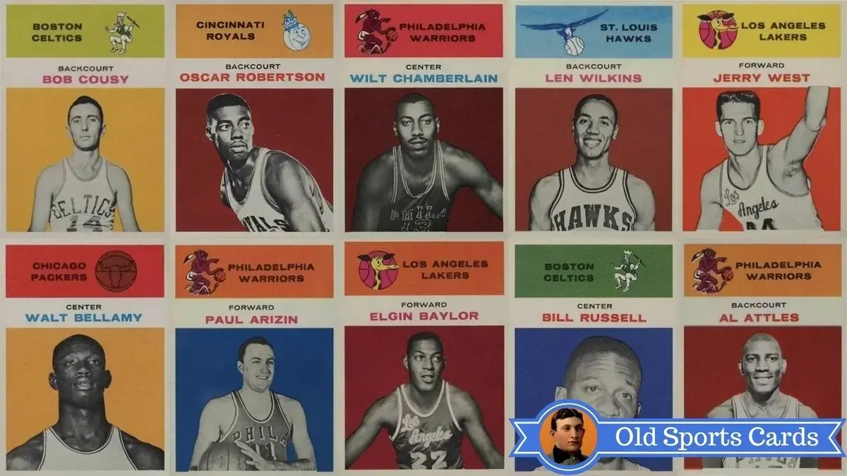 A collage of the most valuable cards from the 1961 Fleer Basketball sports card set.