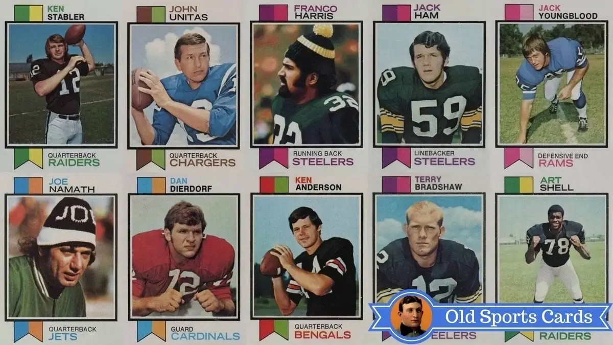 A collage of the most valuable cards from the 1973 Topps Football sports card set.