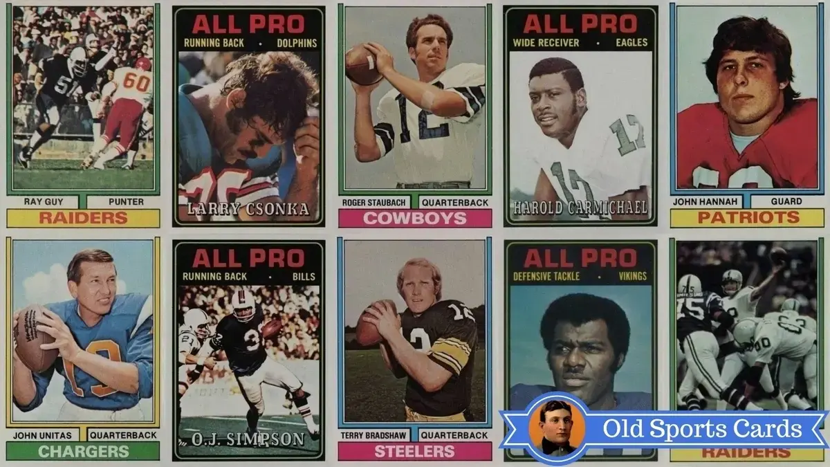 A collage of the most valuable cards from the 1974 Topps Football sports card set.