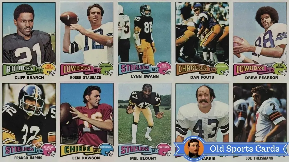 A collage of the most valuable cards from the 1975 Topps Football sports card set.