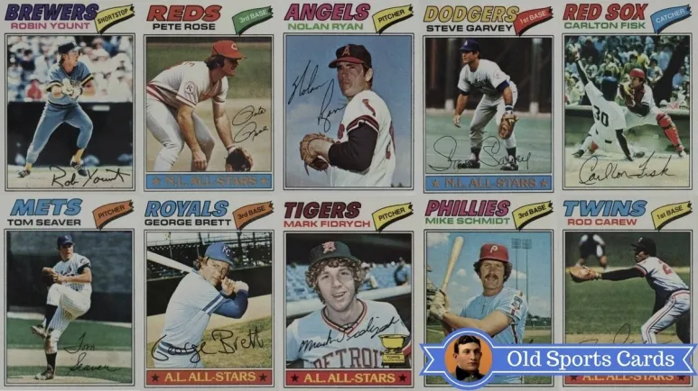 A collage of the most valuable cards from the 1977 Topps Baseball sports card set.