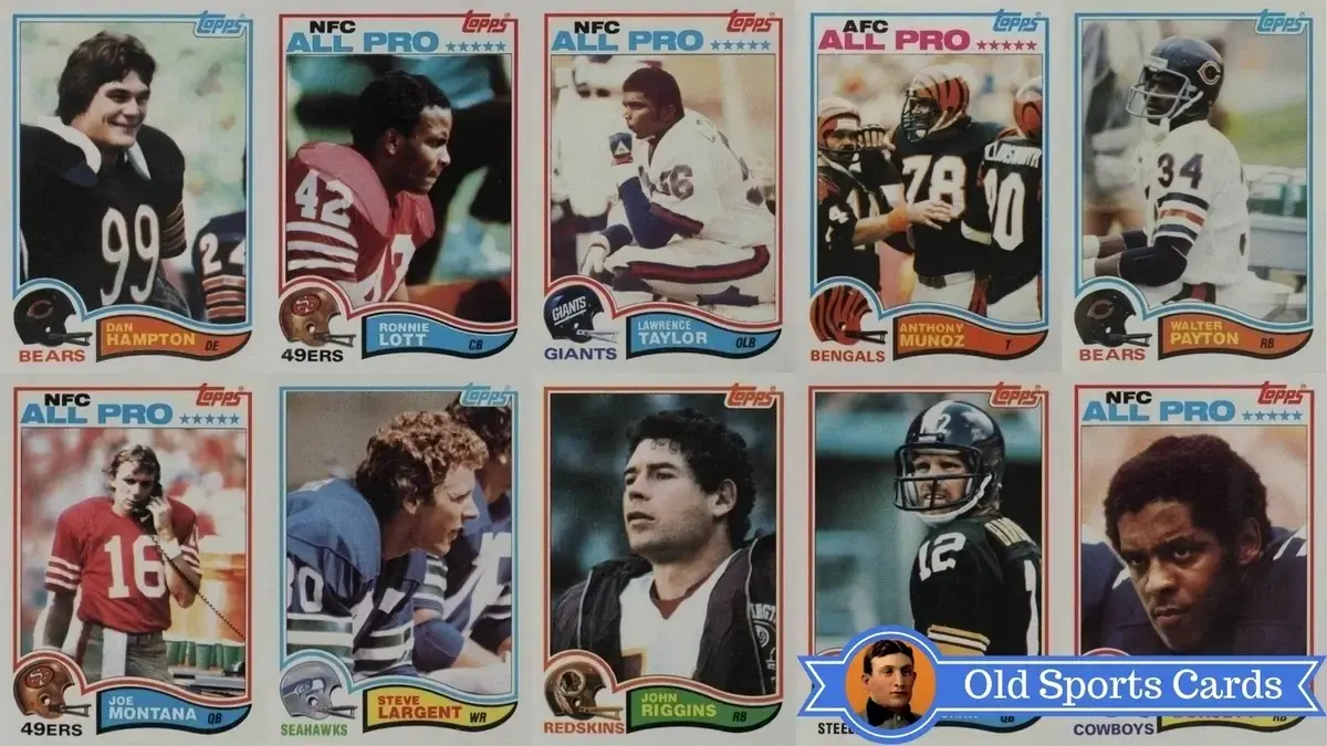 A collage of the most valuable cards from the 1982 Topps Football sports card set.