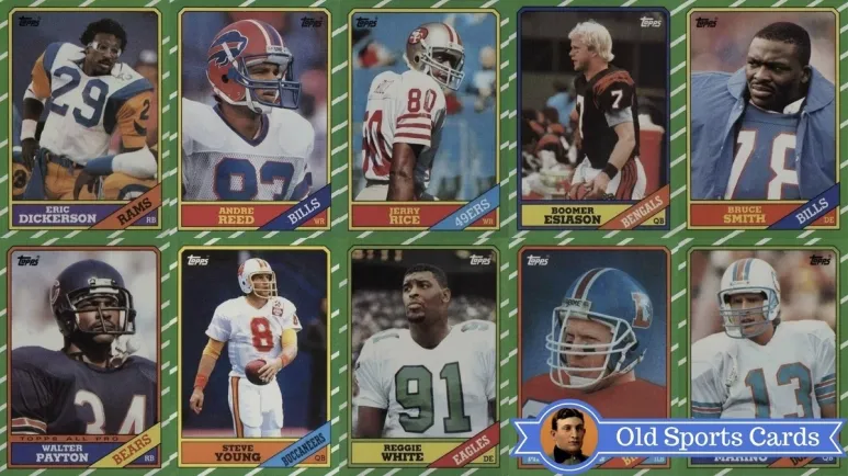 A collage of the most valuable cards from the 1986 Topps Football sports card set.
