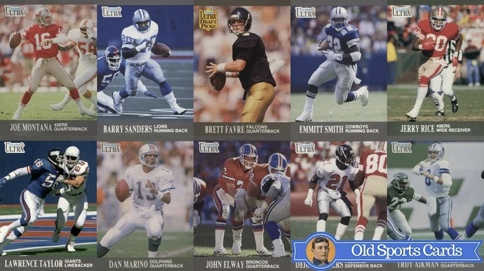 A collage of the most valuable cards from the 1991 Fleer Ultra Football sports card set.
