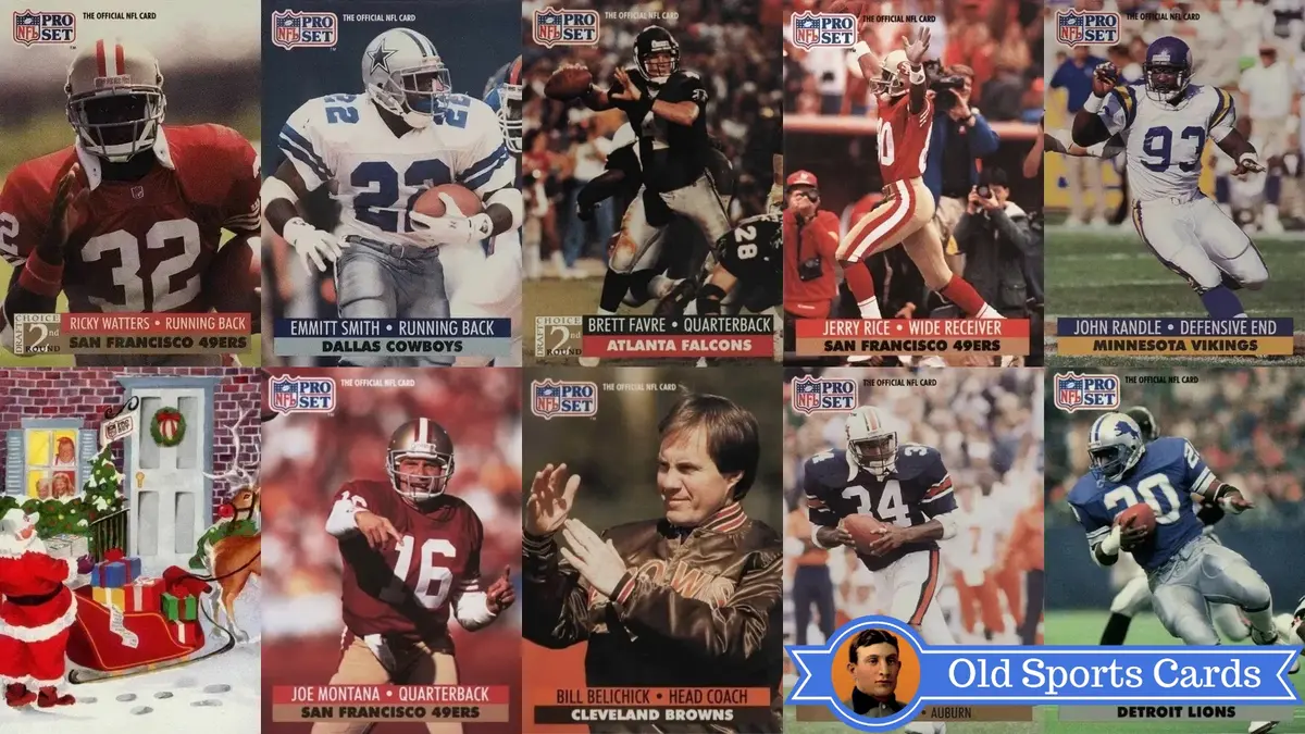 A collage of the most valuable cards from the 1991 Pro Set Football sports card set.