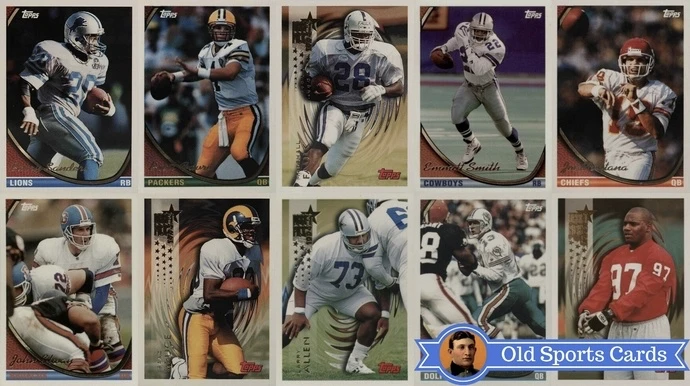 A collage of the most valuable cards from the 1994 Topps Football sports card set.