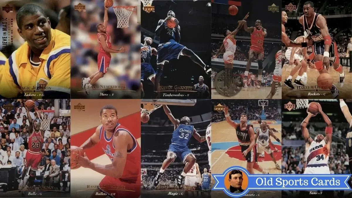 A collage of the most valuable cards from the 1995 Upper Deck Basketball sports card set.