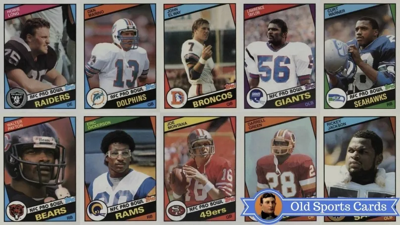 A collage of the most valuable cards from the 1984 Topps Football sports card set.