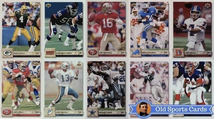 A collage of the most valuable cards from the 1992 Upper Deck Football sports card set.
