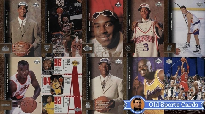A collage of the most valuable cards from the 1996 Upper Deck Basketball sports card set.