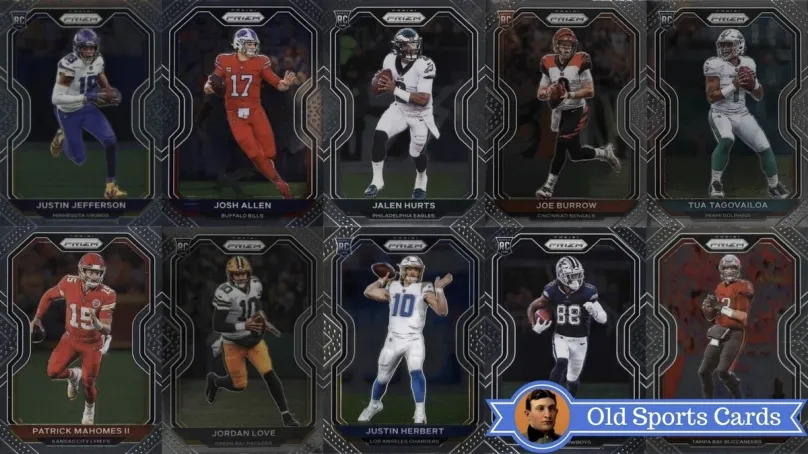A collage of the most valuable cards from the 2020 Panini Prizm Football sports card set.