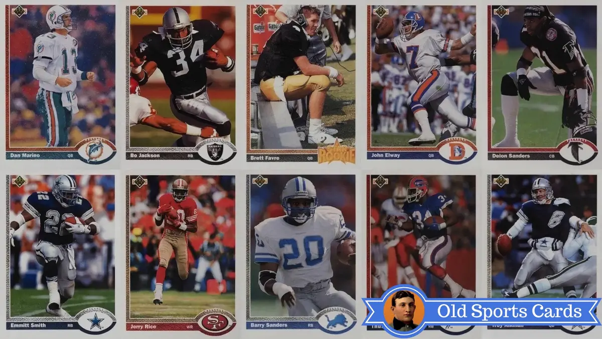 A collage of the most valuable cards from the 1991 Upper Deck Football sports card set.