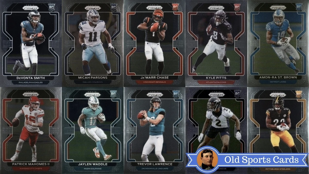 A collage of the most valuable cards from the 2021 Panini Prizm Football sports card set.