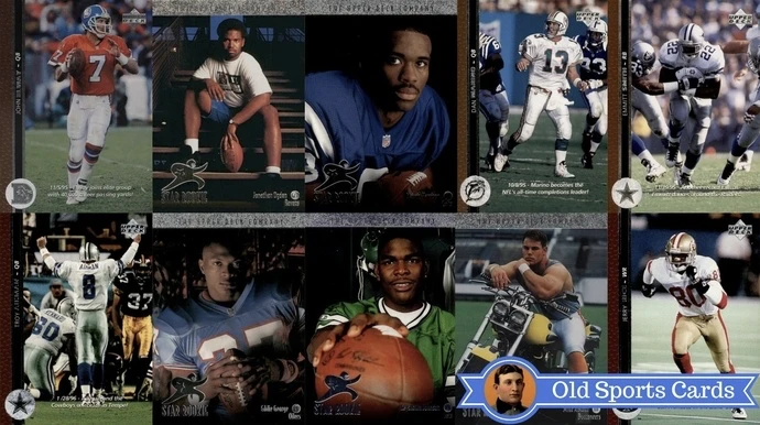A collage of the most valuable cards from the 1996 Upper Deck Football sports card set.