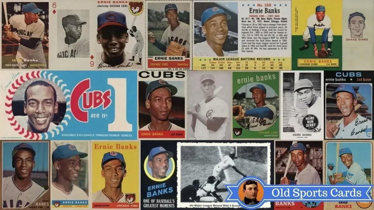 Ernie Banks baseball cards collection featuring rookie and career highlights