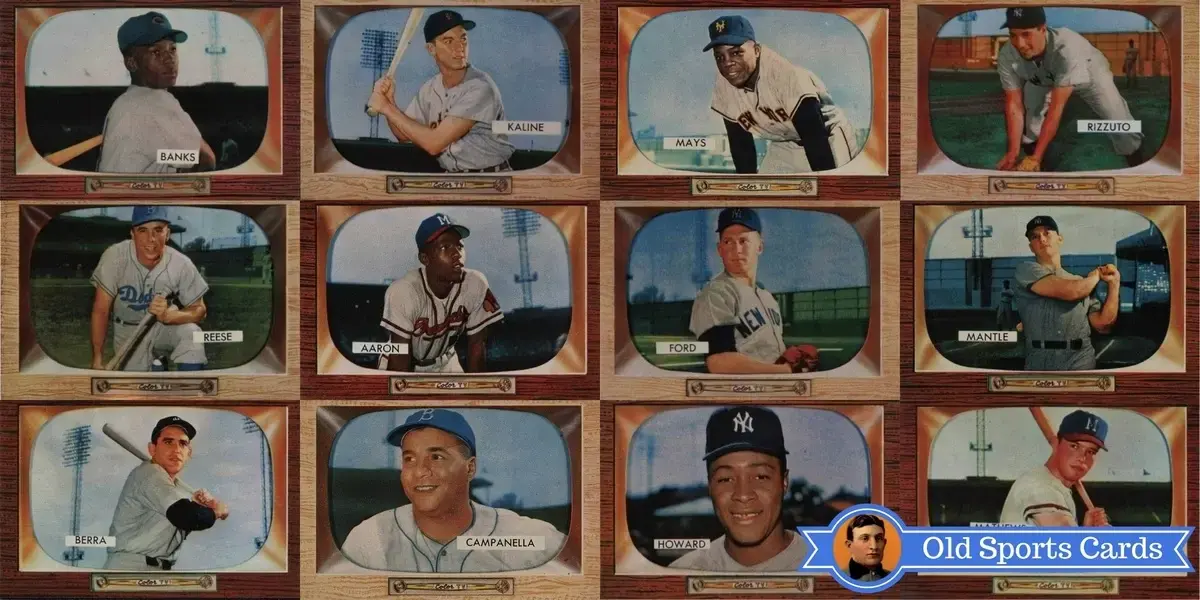 A collage of the most valuable cards from the 1955 Bowman Baseball sports card set.