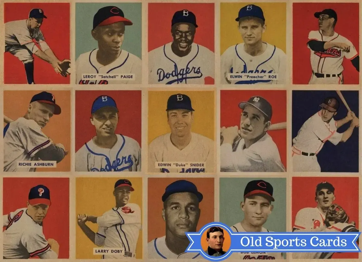 A collage of the most valuable cards from the 1949 Bowman Baseball sports card set.