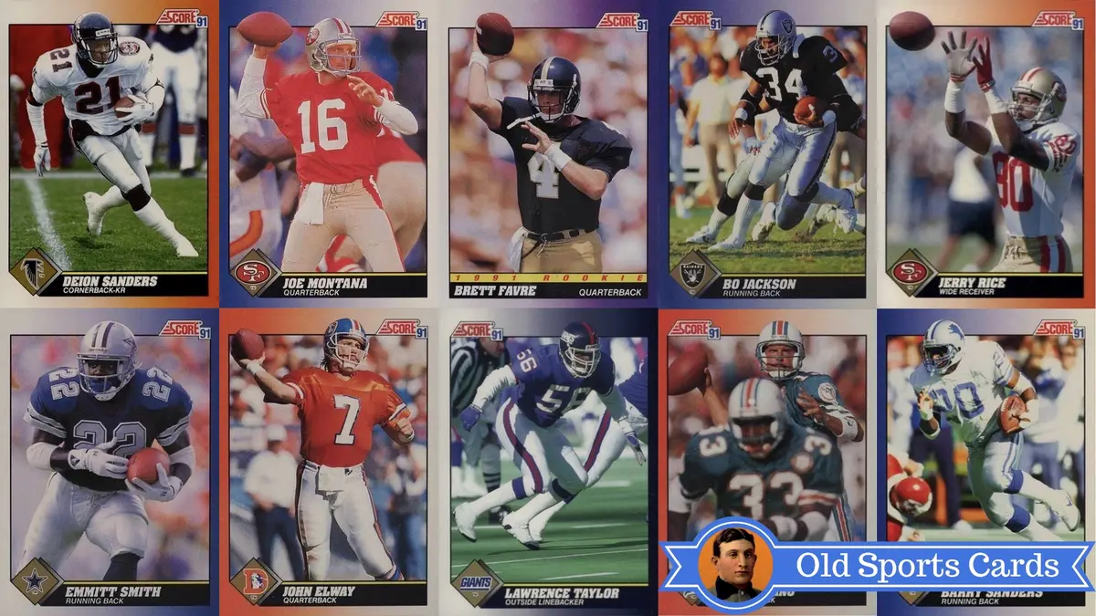 A collage of the most valuable cards from the 1991 Score Football sports card set.