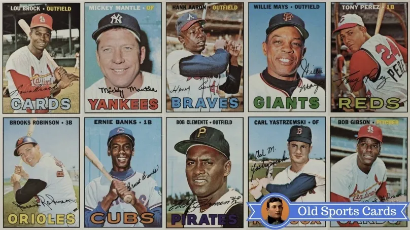 A collage of the most valuable cards from the 1967 Topps Baseball sports card set.