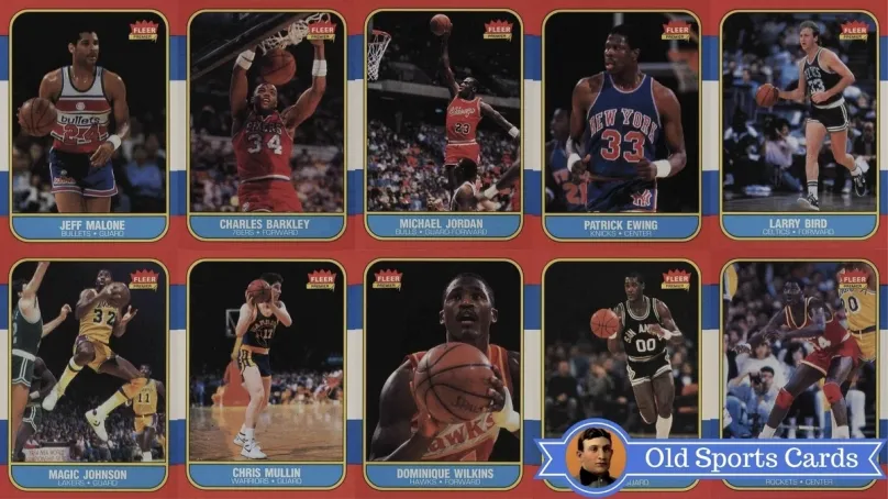 A collage of the most valuable cards from the 1986 Fleer Basketball sports card set.