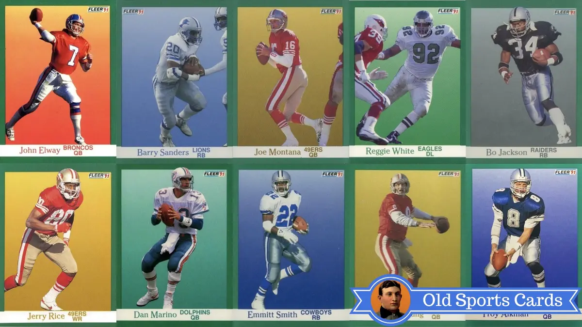 A collage of the most valuable cards from the 1991 Fleer Football sports card set.
