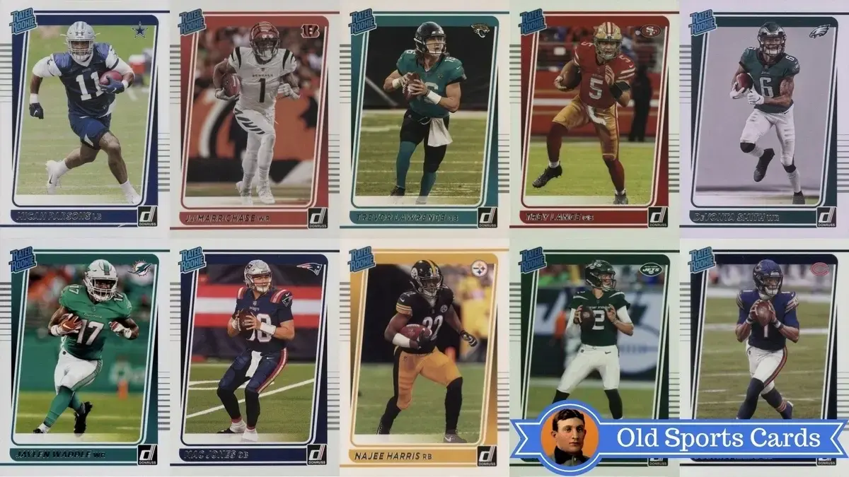 A collage of the most valuable cards from the 2021 Donruss Football sports card set.