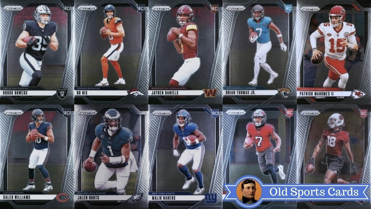A collage of the most valuable cards from the 2024 Panini Prizm Football sports card set.