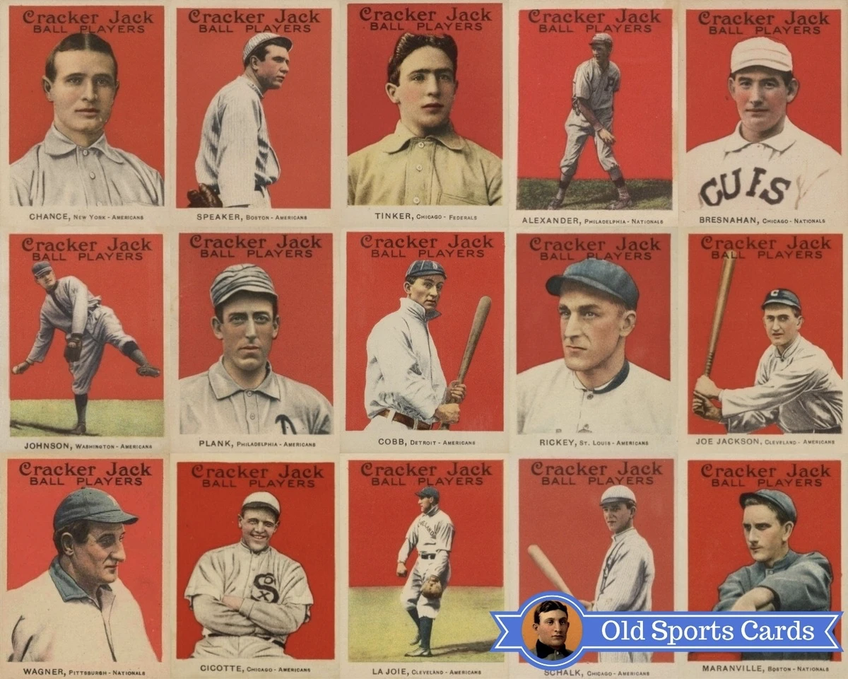 A collage of the most valuable cards from the Cracker Jack Baseball sports card set.