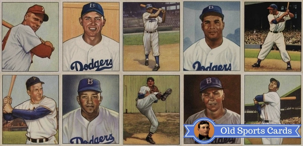 A collage of the most valuable cards from the 1950 Bowman Baseball sports card set.