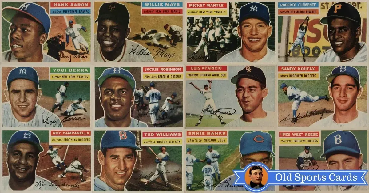 A collage of the most valuable cards from the 1956 Topps Baseball sports card set.