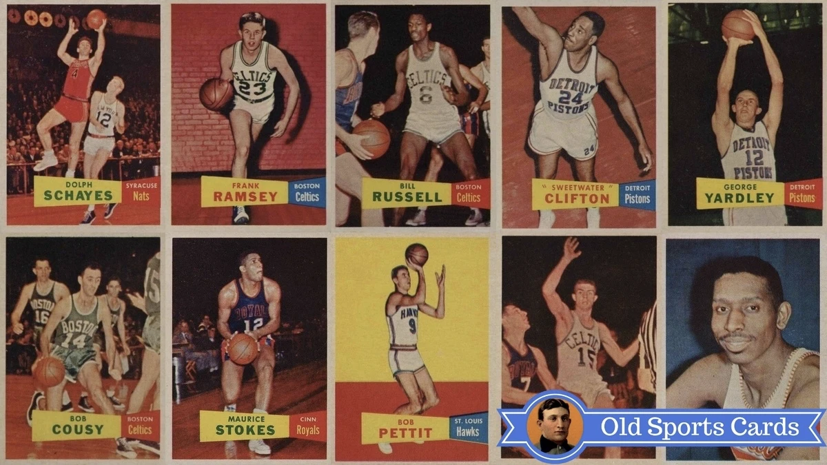 A collage of the most valuable cards from the 1957 Topps Basketball sports card set.