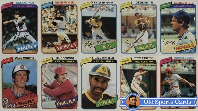 A collage of the most valuable cards from the 1980 Topps Baseball sports card set.