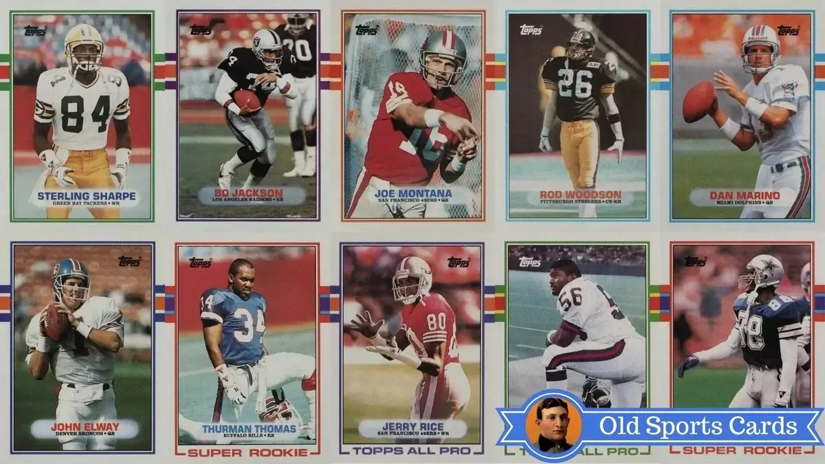 A collage of the most valuable cards from the 1989 Topps Football sports card set.