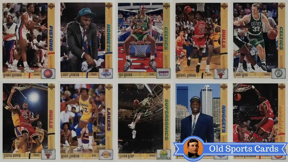 A collage of the most valuable cards from the 1991 Upper Deck Basketball sports card set.