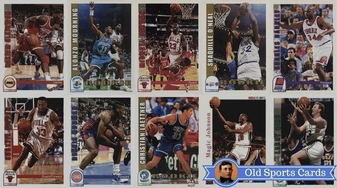 A collage of the most valuable cards from the 1992 NBA Hoops Basketball sports card set.